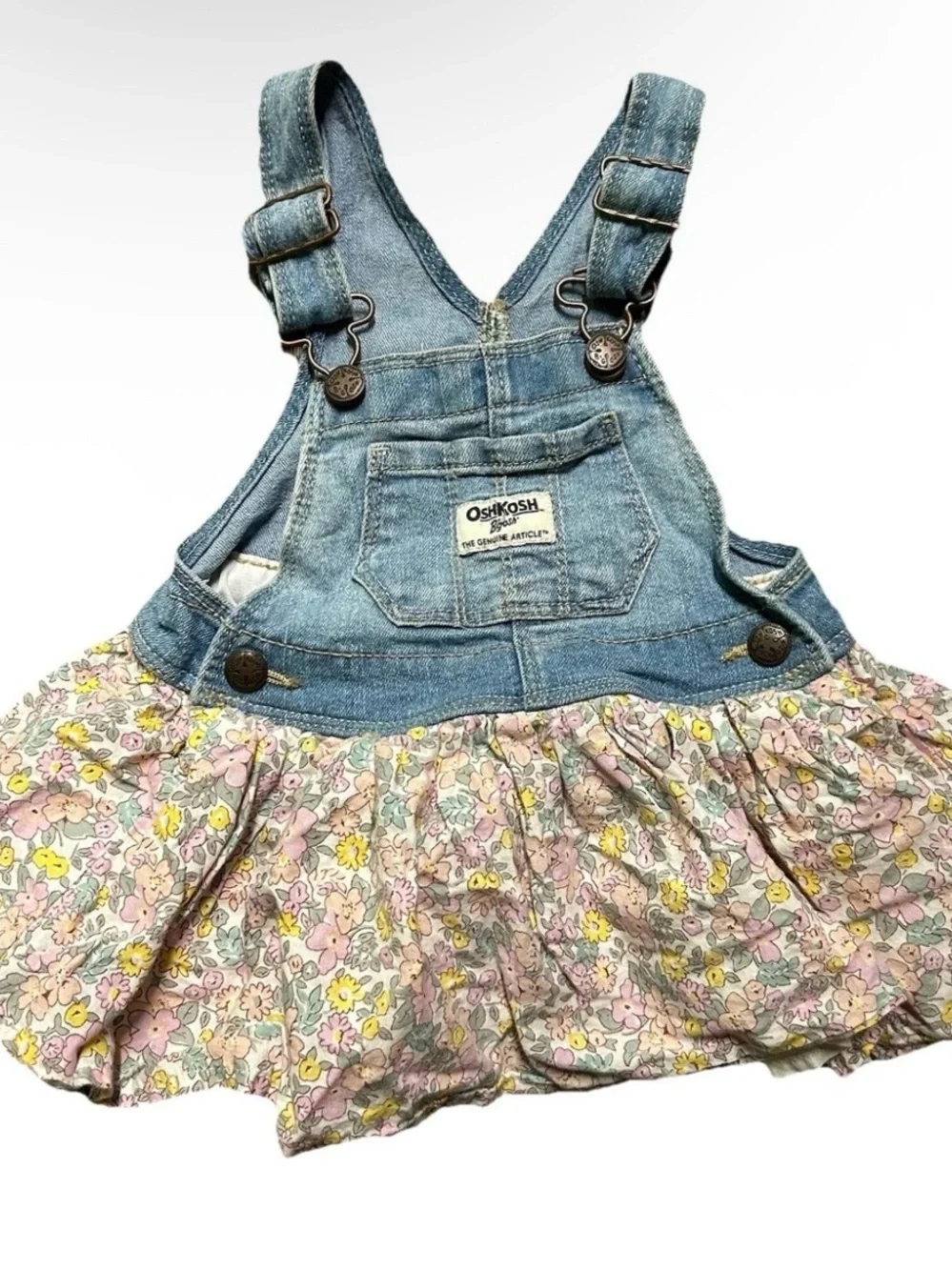 Baby Girl Oshkosh Overall Dress Denim Top Floral Bottom Size 9 Months